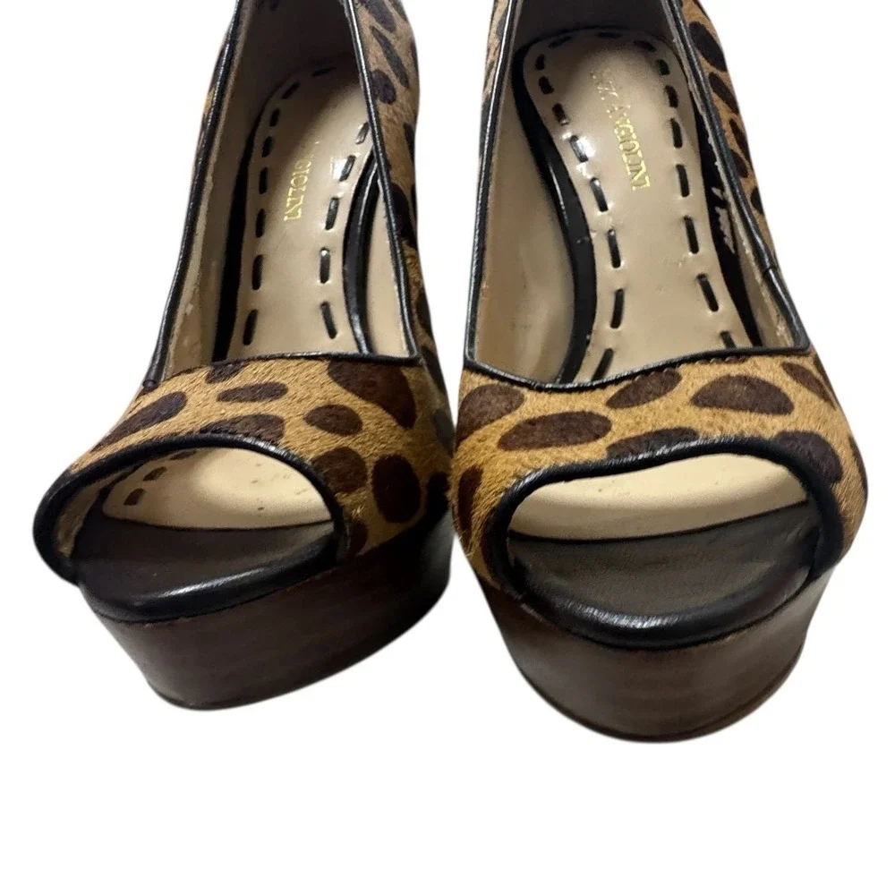 Enzo Angiolini Leopard Calf Hair Platform Peep Toe Heels Brown Tan Size‎ 6M